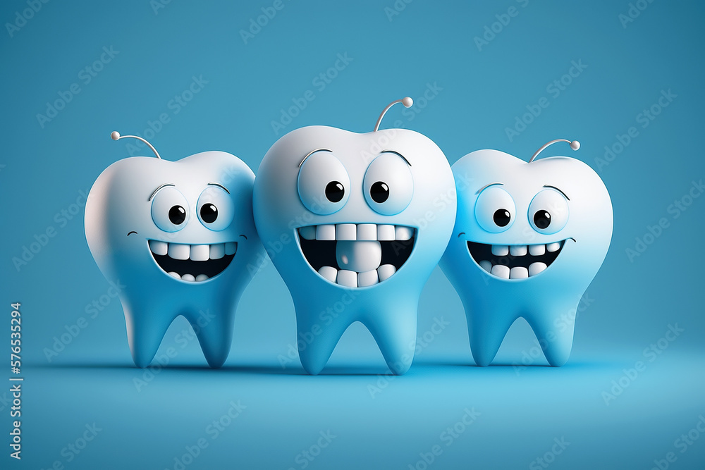 Obraz premium happy smiling teeth in cartoon style on blue background. The concept of dental health. Generative AI
