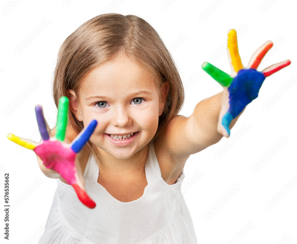 Cute little girl with colorful painted hands on white background Cute little girl with colorful painted hands on white background