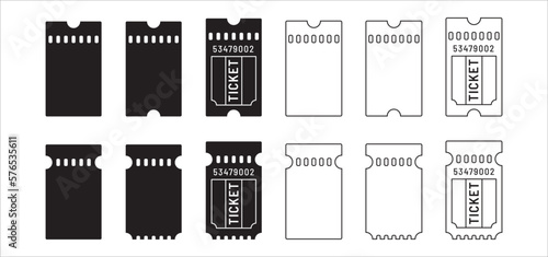 Ticket icon set. Movie theatre ticket with stub line icons. Raffle voucher coupon sign. Vector stock illustration. Flat outline design style. Vertical view.