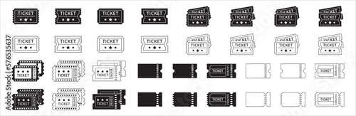 Ticket icon set. Stacked ticket icon collection. Movie theatre ticket with stub line icons. Raffle voucher coupon sign. Vector stock illustration. Flat outline design style.