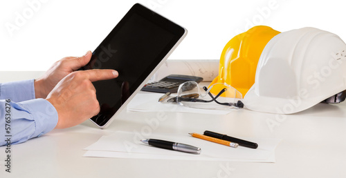 Close-up photo of business man hands holding digital tablet on background