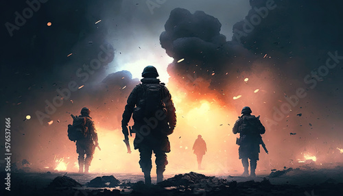 poster with a detachment of military soldiers with weapons on battlefield with explosions. Generative AI