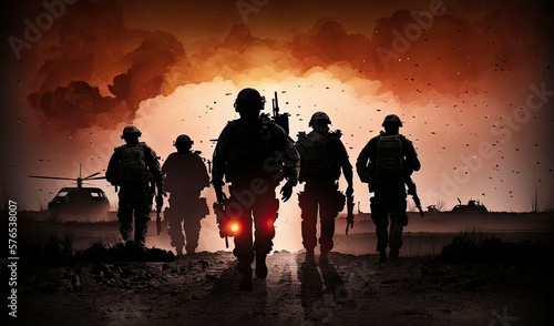 silhouette of squad of armed soldiers on battlefield sunset background. Generative AI
