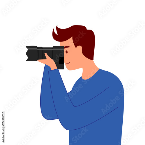 Man photographer taking photo with camera in flat design on white background.