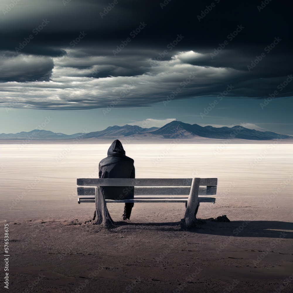 Fototapeta premium A person on bench in front of a vast desert