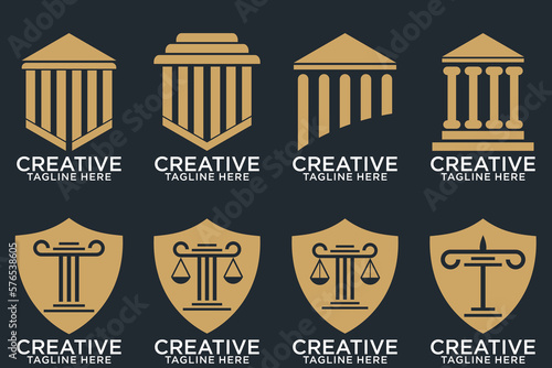 Law office logotypes set with scales of justice, gavel etc illustrations. Vector vintage attorney, advocate labels, juridical firm badges collection. Act, principle, legal icons design