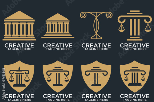 Law office logotypes set with scales of justice, gavel etc illustrations. Vector vintage attorney, advocate labels, juridical firm badges collection. Act, principle, legal icons design