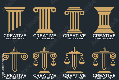 Law office logotypes set with scales of justice, gavel etc illustrations. Vector vintage attorney, advocate labels, juridical firm badges collection. Act, principle, legal icons design
