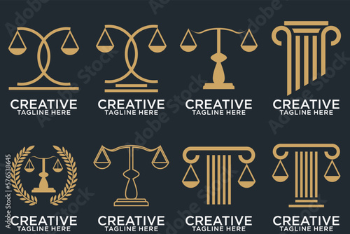 Law office logotypes set with scales of justice, gavel etc illustrations. Vector vintage attorney, advocate labels, juridical firm badges collection. Act, principle, legal icons design