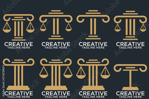 Law office logotypes set with scales of justice, gavel etc illustrations. Vector vintage attorney, advocate labels, juridical firm badges collection. Act, principle, legal icons design