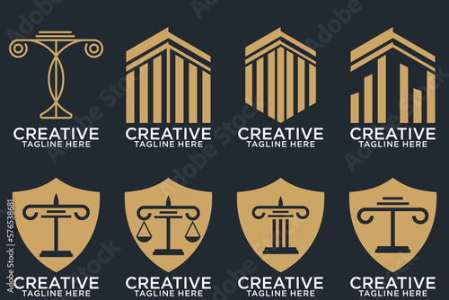 Law office logotypes set with scales of justice, gavel etc illustrations. Vector vintage attorney, advocate labels, juridical firm badges collection. Act, principle, legal icons design
