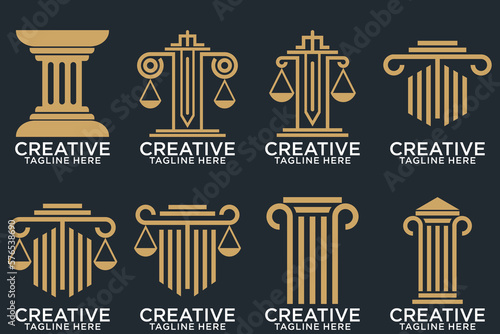 Law office logotypes set with scales of justice, gavel etc illustrations. Vector vintage attorney, advocate labels, juridical firm badges collection. Act, principle, legal icons design