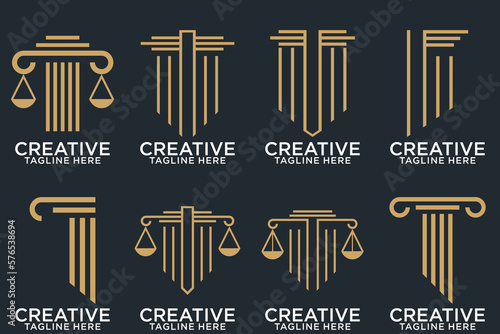 Law office logotypes set with scales of justice, gavel etc illustrations. Vector vintage attorney, advocate labels, juridical firm badges collection. Act, principle, legal icons design