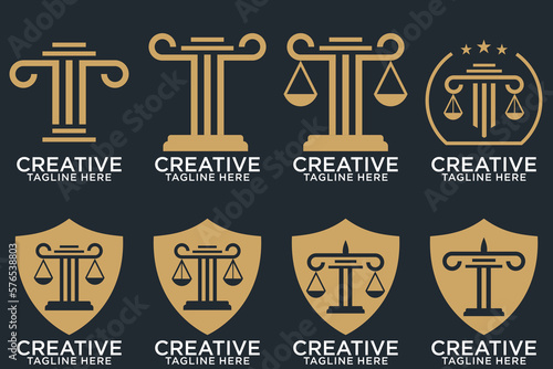 Law office logotypes set with scales of justice, gavel etc illustrations. Vector vintage attorney, advocate labels, juridical firm badges collection. Act, principle, legal icons design