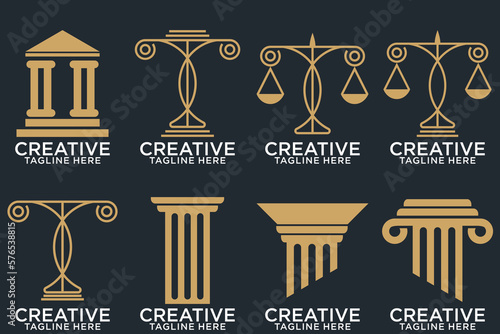 Law office logotypes set with scales of justice, gavel etc illustrations. Vector vintage attorney, advocate labels, juridical firm badges collection. Act, principle, legal icons design