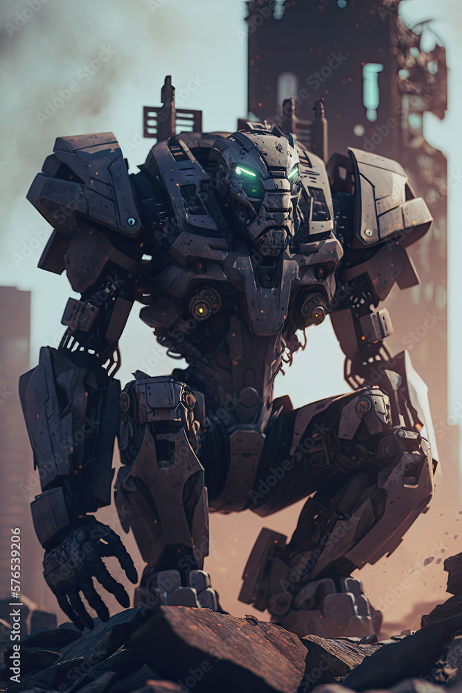 crouched mech warrior with glowing blue eyes crouched mech warrior with glowing blue eyes