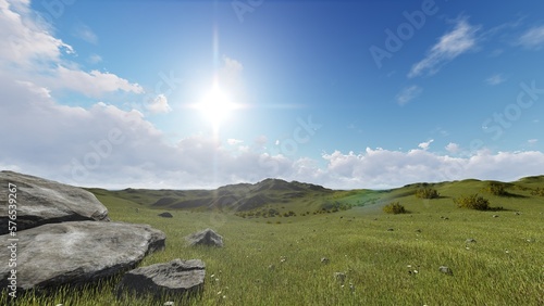 Green grass hill field under blue sky. 3D illustration. 3D rendering. photo