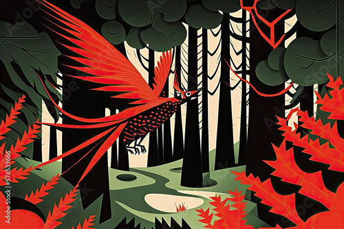 red bird flying in forest