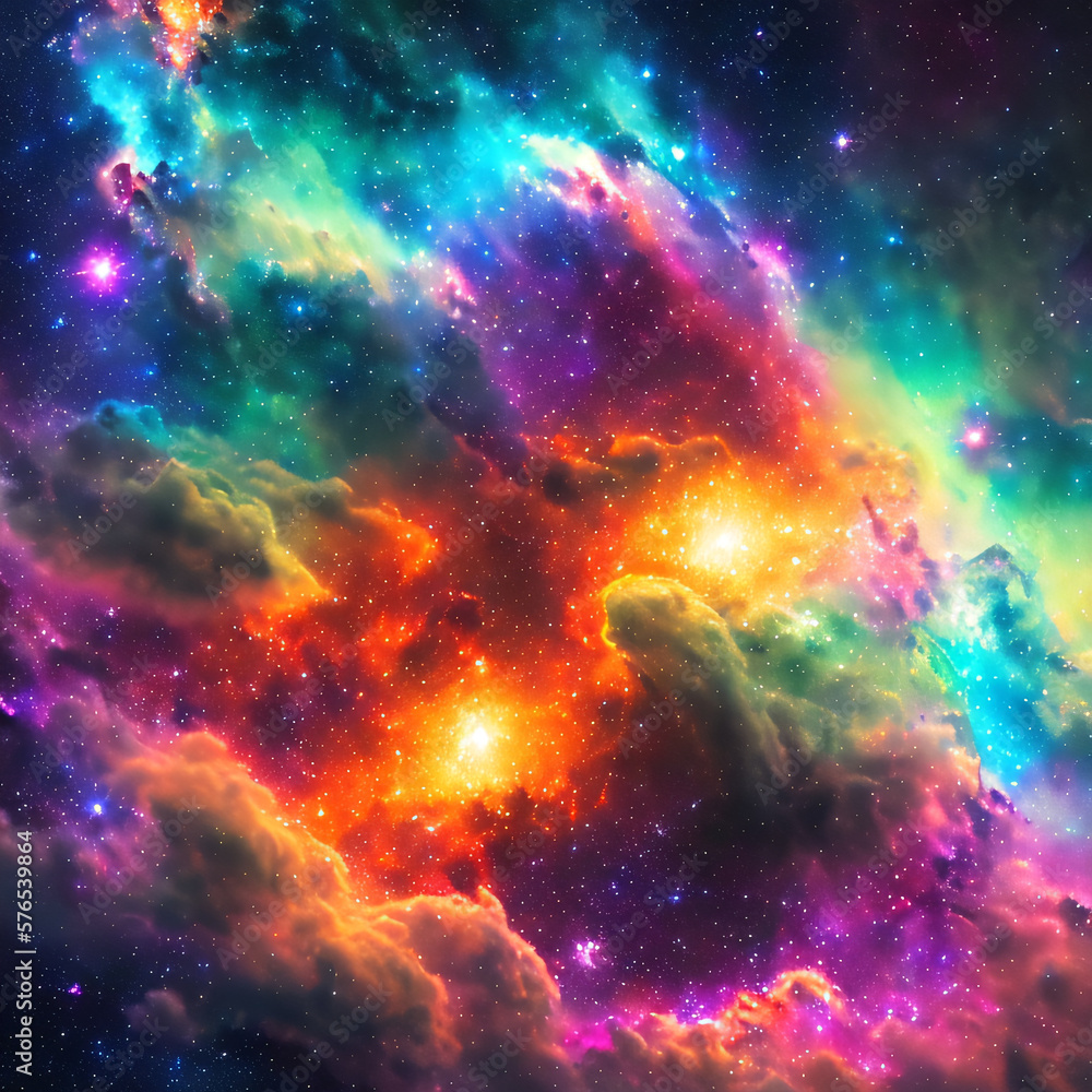 A dazzling vista of the infinite space with its stars and galaxies. An extraordinary combination of shapes and colors. Infinity, Splendor, Mystery concept created with generative AI.