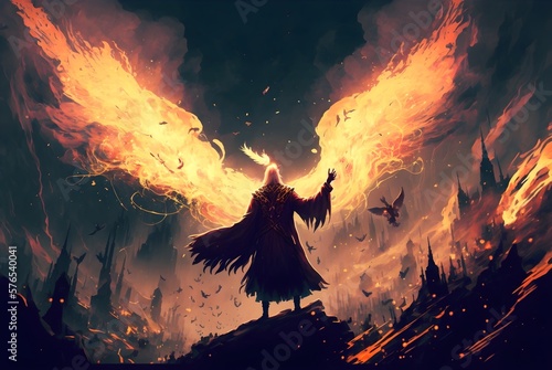wizard summoning the phoenix from hell  digital art style  illustration painting  Generative AI