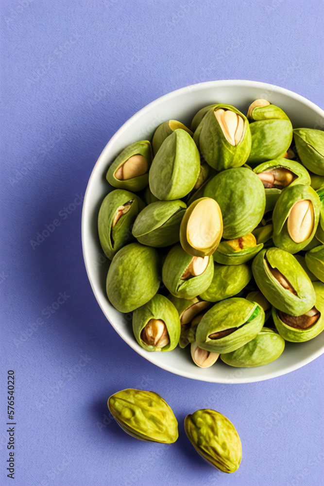 Bowl of freshly roasted pistachio nuts on wooden table with simple white background. Natural, nut, food concept created with generative AI. Bowl of freshly roasted pistachio nuts on wooden table with simple white background. Natural, nut, food concept created with generative AI.