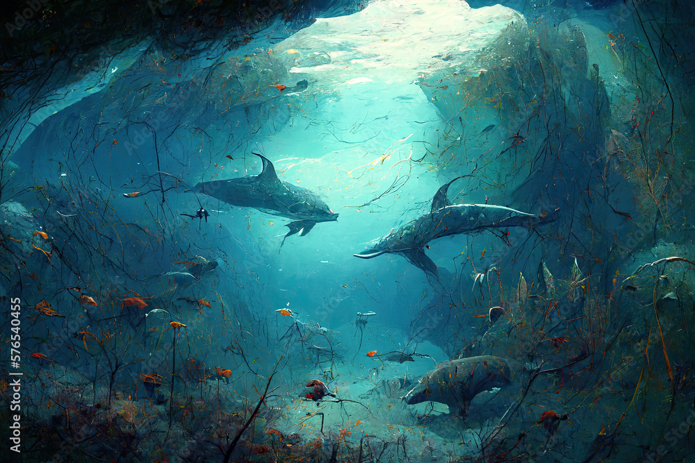 painting of fish and dolphins underwater