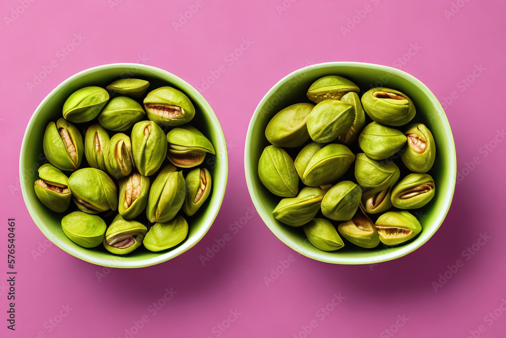 Delicious pistachio nuts in a bowl on a wooden table. Fresh, healthy, food concept created with generative AI.