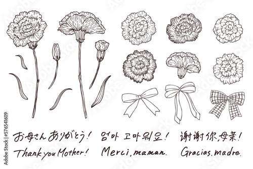 スケッチ風カーネーションのパーツイラストと母の日に使える手書き文字セット　線画　ベクター