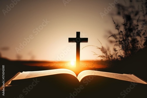 Bright sun light and bible book and the cross silhouette of the Holy Jesus Christ guiding the bright path. Generative AI photo