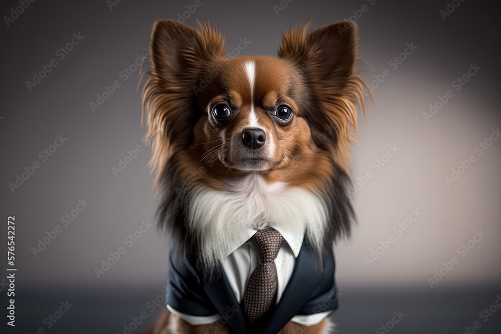 Portrait of a Papillon dog dressed in a formal business suit, generative ai
