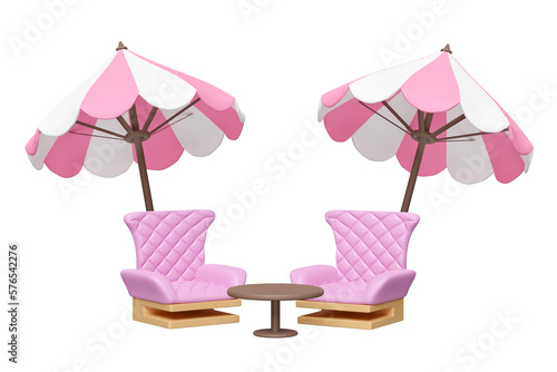 coffee table toy with pink umbrella or parasol, sofa chair isolated. 3d illustration or 3d render © sirawut