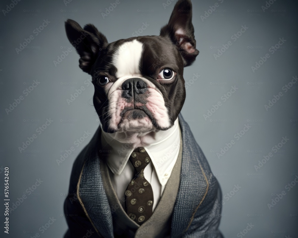 Portrait of a Boston Terrier dog dressed in a formal business suit, generative ai
