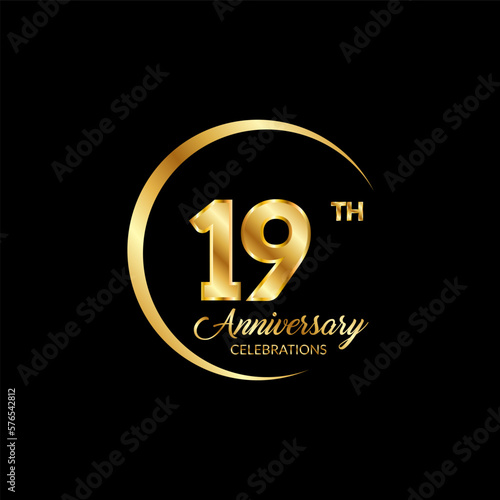 19 years anniversary. Anniversary template design concept with golden number , design for event, invitation card, greeting card, banner, poster, flyer, book cover and print. Vector Eps10