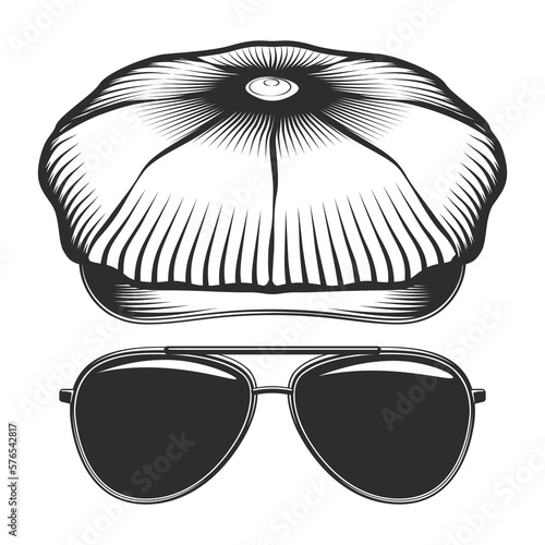 Tweed hat or flat cap with sunglasses vector vintage illustration