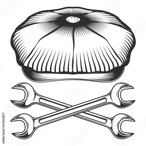 Tweed hat or flat cap with crossed spanner wrench vintage vector illustration