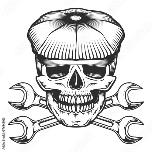 Skull in the tweed hat flat cap with crossed construction wrench or mechanic repair spanner vector vintage illustration