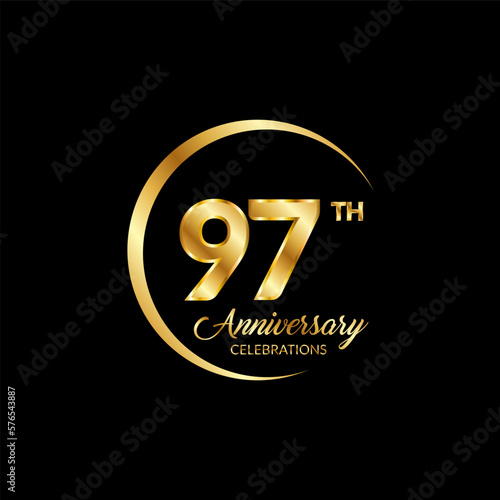 97 years anniversary. Anniversary template design concept with golden number , design for event, invitation card, greeting card, banner, poster, flyer, book cover and print. Vector Eps10
