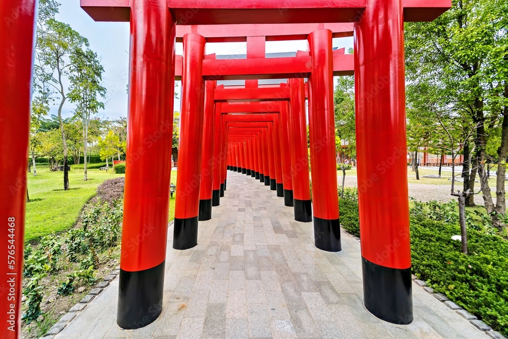 Chiang Mai, Thailand - December, 18, 2022 : Torii Gate replica in Hinoki Land new landmark travel place at Chiang Mai, Thailand. Chiang Mai, Thailand - December, 18, 2022 : Torii Gate replica in Hinoki Land new landmark travel place at Chiang Mai, Thailand.