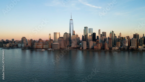 Skyline of Manhattan and Hudson River on sunset - drone photography