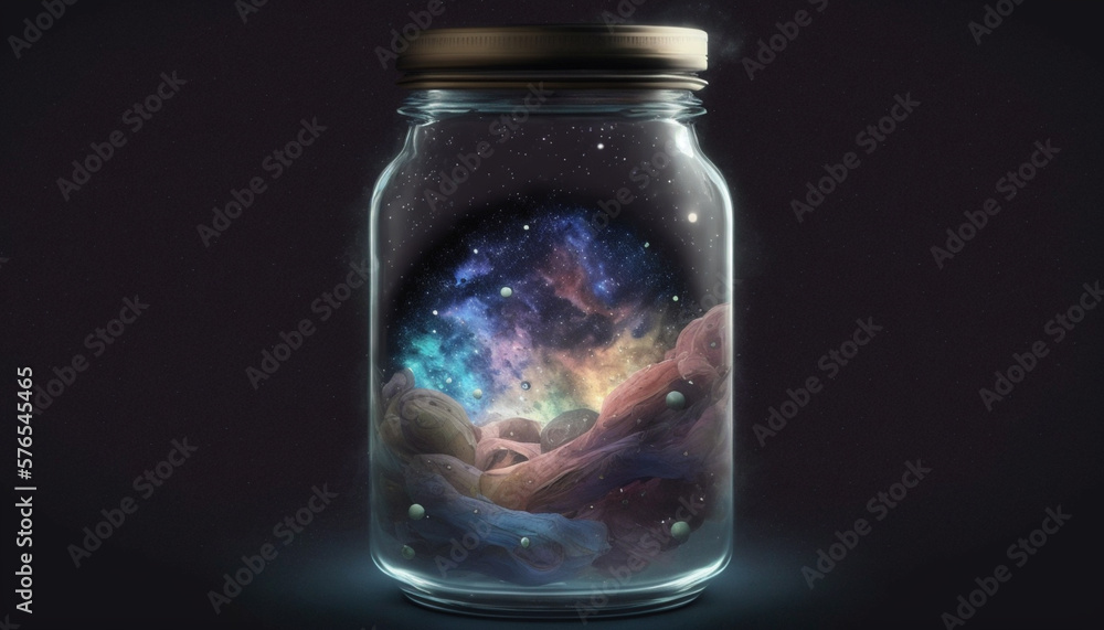 Glass bottle with a galaxy inside Generative AI illustration Glass bottle with a galaxy inside Generative AI illustration
