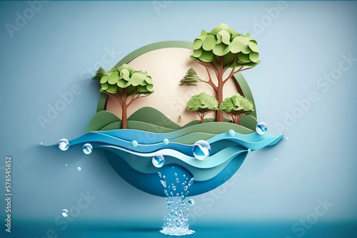 Fotomurale Paper art , Saving water and world Environment day , Ecology and world water day