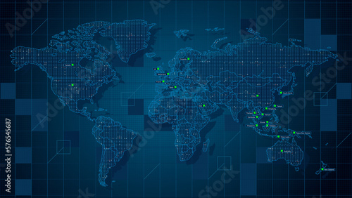Modern tech World map 2Cool blue Abstrak technologi vector tech Stylized modern world map background Stylized wireframe and dots for data visualization and infographics HUD GUI UI
