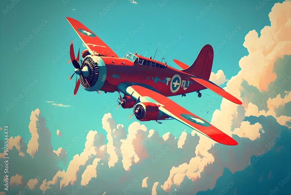 red vintage plane flying in the blue sky, digital art style, generative AI