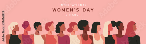 female diverse faces of different ethnicity. March 8 international women's day and the feminist movement for independence, freedom, empowerment, and activism for woman rights, vector flat illustration