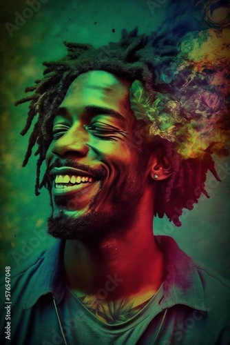 Cannabis 420 Culture  A Beautiful Artistic Designer Portrait of African American Man Adventuring Happily with Weed Marijuana with Colorful Psychedelic Smoke Background  generative AI