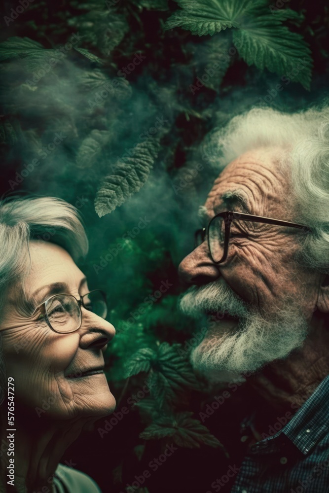 Cannabis 420 Culture: A Beautiful Artistic Designer Portrait of Caucasian Elderly Men and Women Adventuring Happily with Weed Marijuana with Colorful Psychedelic Smoke Background (generative AI