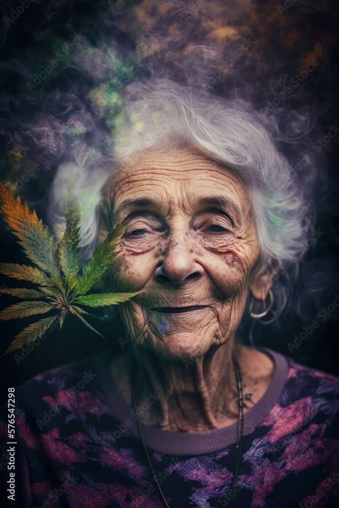 Cannabis 420 Culture: A Beautiful Artistic Designer Portrait of Caucasian Elderly Woman Adventuring Happily with Weed Marijuana with Colorful Psychedelic Smoke Background (generative AI