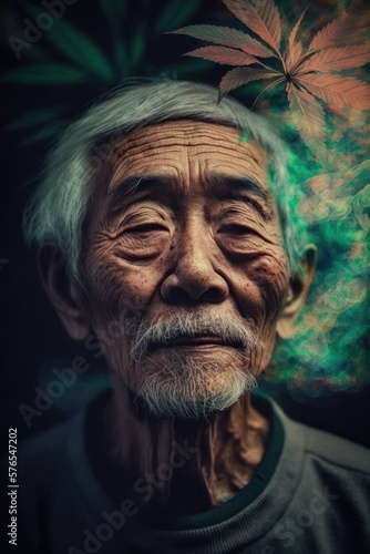Cannabis 420 Culture: A Beautiful Artistic Designer Portrait of Asian Elderly Men and Women Adventuring Happily with Weed Marijuana with Colorful Psychedelic Smoke Background (generative AI © Get Stock