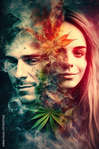 Cannabis 420 Culture: A Beautiful Artistic Designer Portrait of Caucasian Men and Women Adventuring Happily with Weed Marijuana with Colorful Psychedelic Smoke Background (generative AI