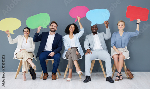 Diversity, business people and speech bubbles for social media, recruitment and feedback in workplace. Multiracial, happy employees and coworkers with happiness, interview or collaboration for survey photo